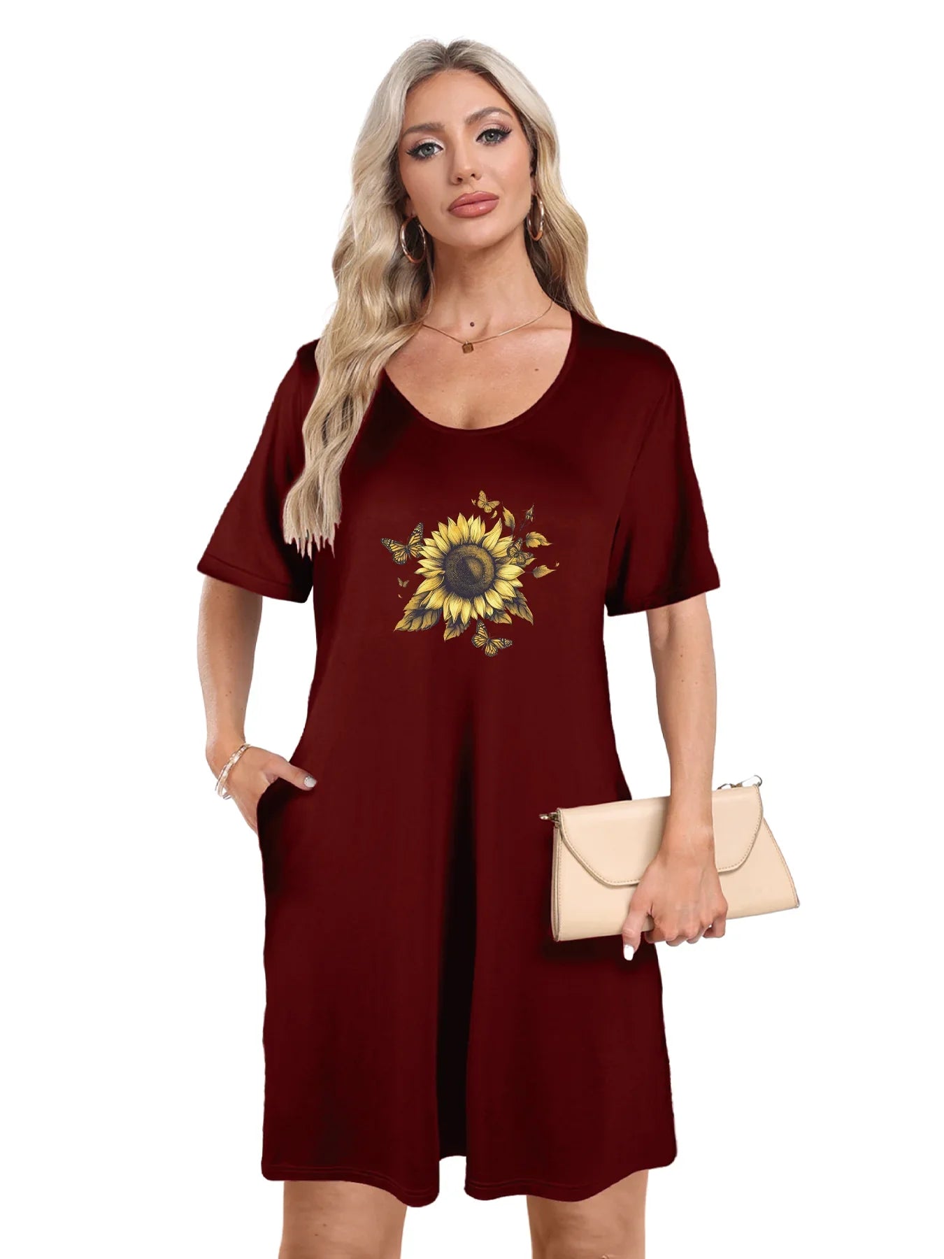 Sunflower and Butterflies Print Dual Pockets Dress Casual Short Sleeve Tee Dress For Spring & Summer Women's Clothing