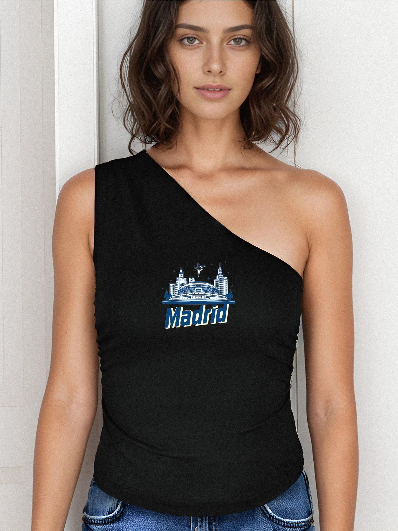 Madrid skyline with "Madrid" Print Crop One Shoulder Tank Top Sleeveless Casual Top For Summer & Spring Women's Clothing