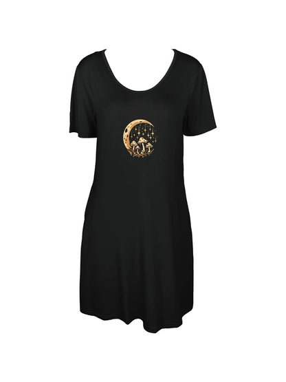 Enchanting Mushroom Crescent Moon Print Dual Pockets Dress Casual Short Sleeve Tee Dress For Spring & Summer Women's Clothing