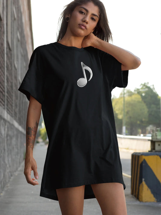 Minimalist Music Note Print Crew Neck Tee Dress Casual Short Sleeve Dress For Spring & Summer Women's Clothing