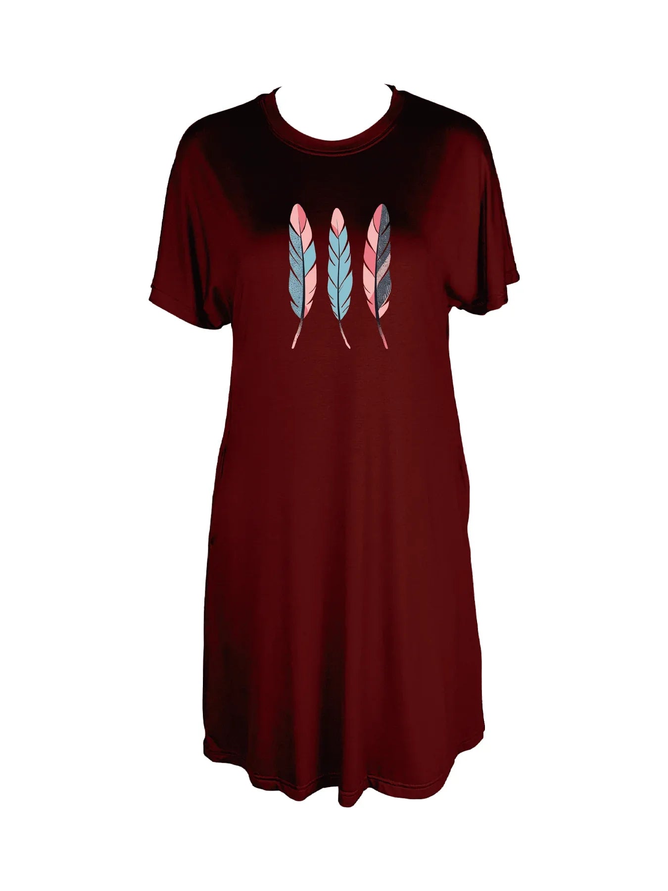 Softly Whispering Feathers Print Crew Neck Tee Dress Casual Short Sleeve Dress For Spring & Summer Women's Clothing