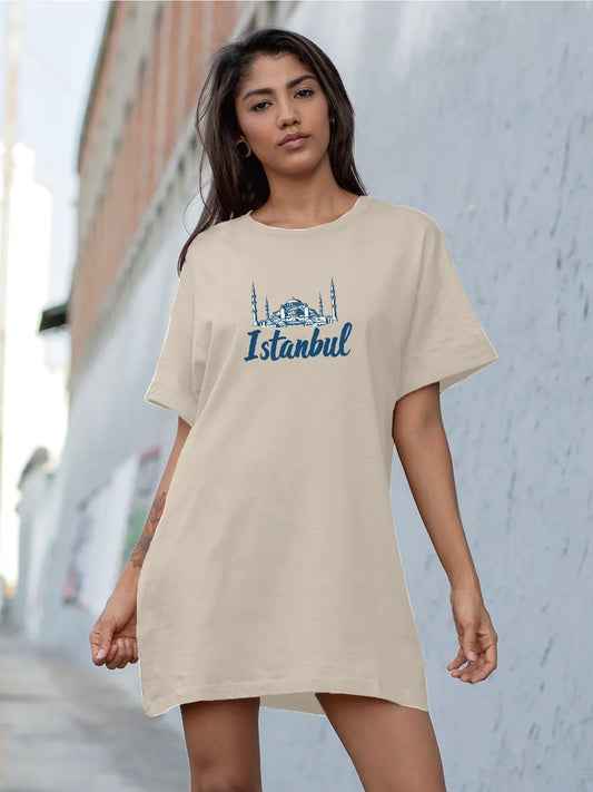 Istanbul Skyline With Bold Istanbul Print Crew Neck Tee Dress, Casual Short Sleeve Dress For Spring & Summer, Women's Clothing