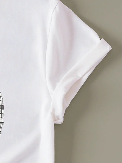 Disco Ball Inspired White Tee with Metallic Print