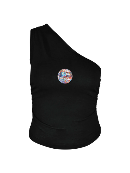 Shiny Disco Ball Graphic Print Crop One Shoulder Tank Top Sleeveless Casual Top For Summer & Spring Women's Clothing