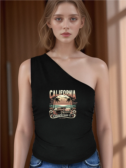 Vintage Palm Trees Car And Sunset Print Crop One Shoulder Tank Top Sleeveless Casual Top For Summer & Spring Women's Clothing