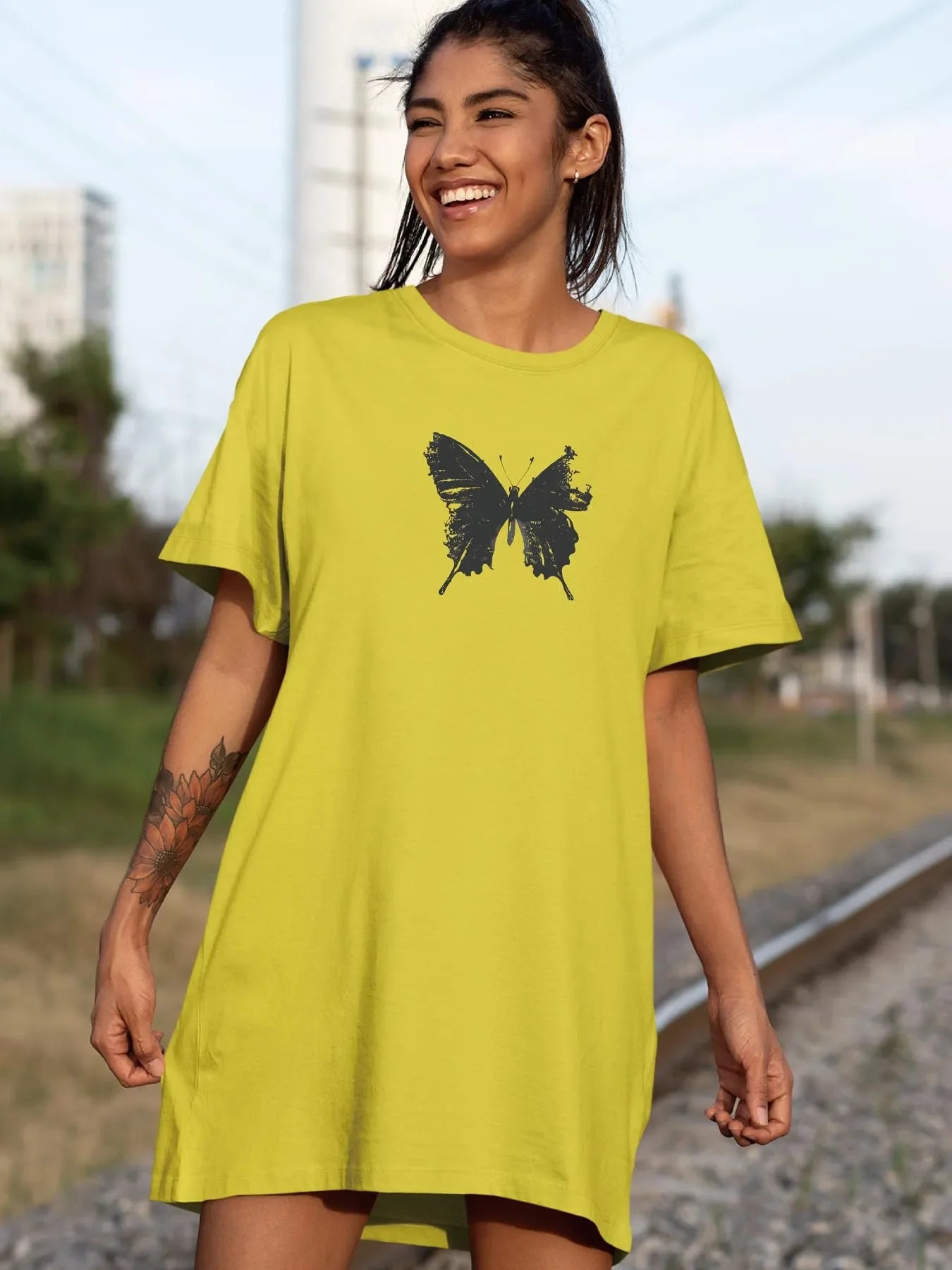 Whisper of Nature Butterfly Print Crew Neck Tee Dress Casual Short Sleeve Dress For Spring & Summer Women's Clothing