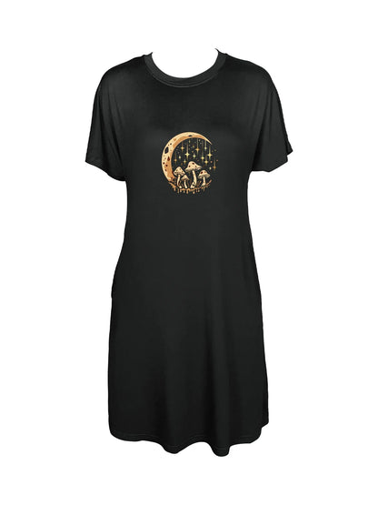 Enchanting Mushroom And Crescent Moon Print Crew Neck Tee Dress Casual Short Sleeve Dress For Spring & Summer Women's Clothing