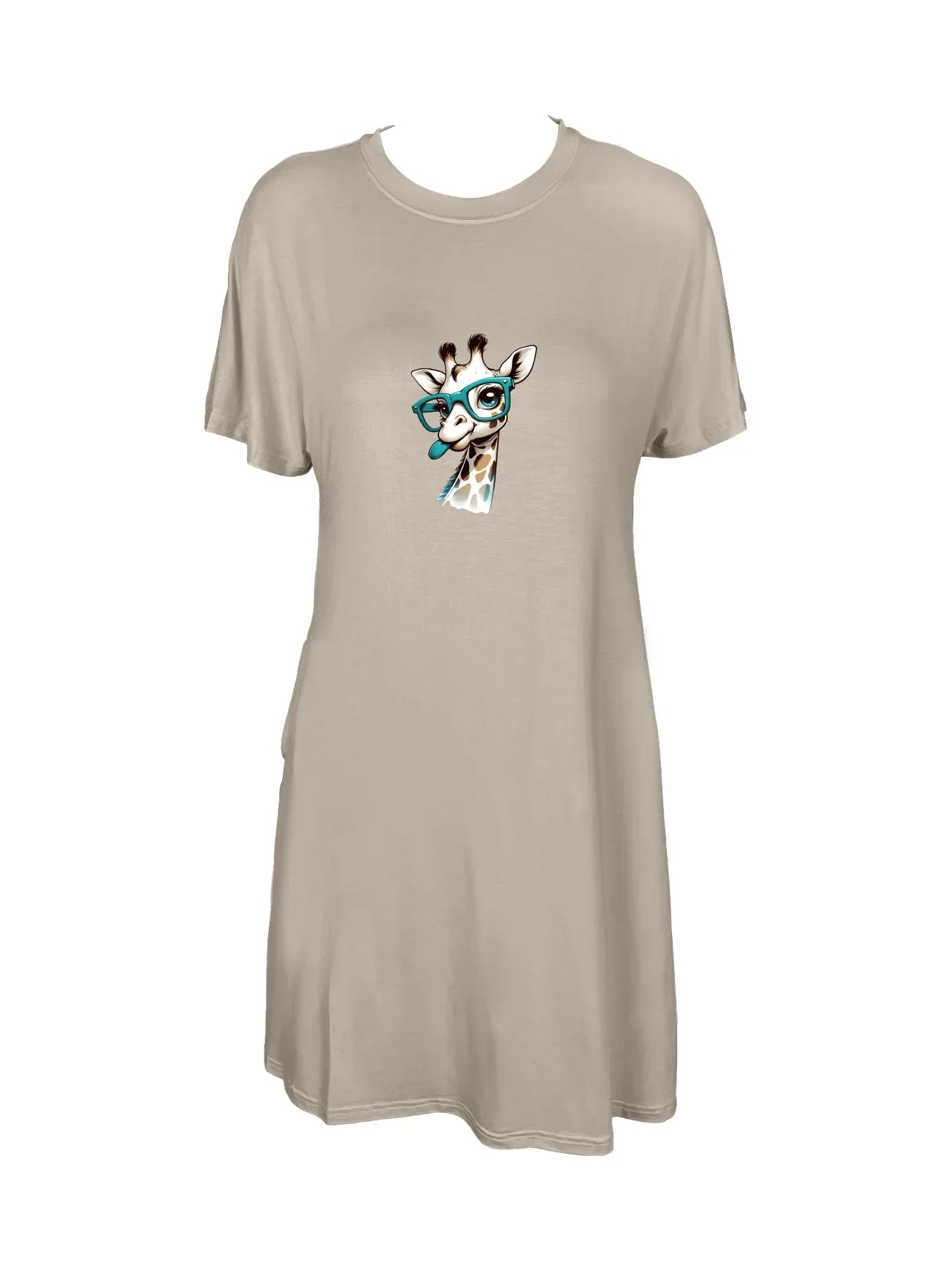 Adorable Giraffe With Teal Glasses Print Crew Neck Tee Dress Casual Short Sleeve Dress For Spring & Summer Women's Clothing