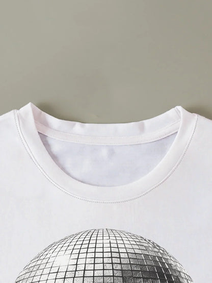 Disco Ball Inspired White Tee with Metallic Print