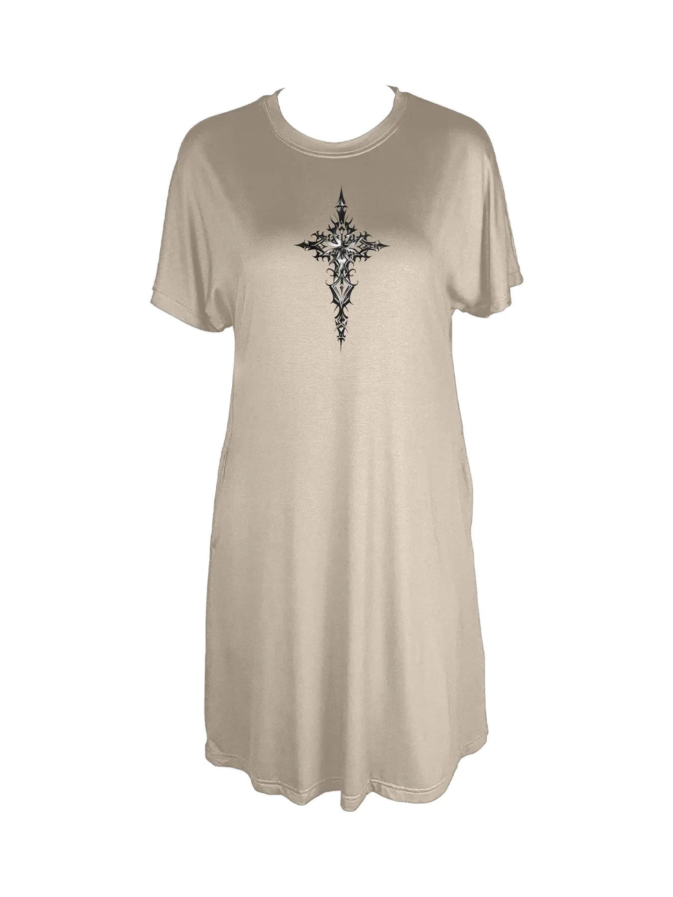 Elegant Gothic Cross Print Crew Neck Tee Dress Casual Short Sleeve Dress For Spring & Summer Women's Clothing