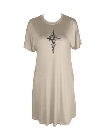 Elegant Gothic Cross Print Crew Neck Tee Dress Casual Short Sleeve Dress For Spring & Summer Women's Clothing