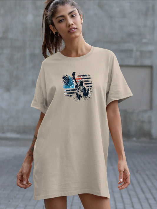 Statue Of Liberty With American Flag Print Crew Neck Tee Dress Casual Short Sleeve Dress For Spring & Summer Women's Clothing