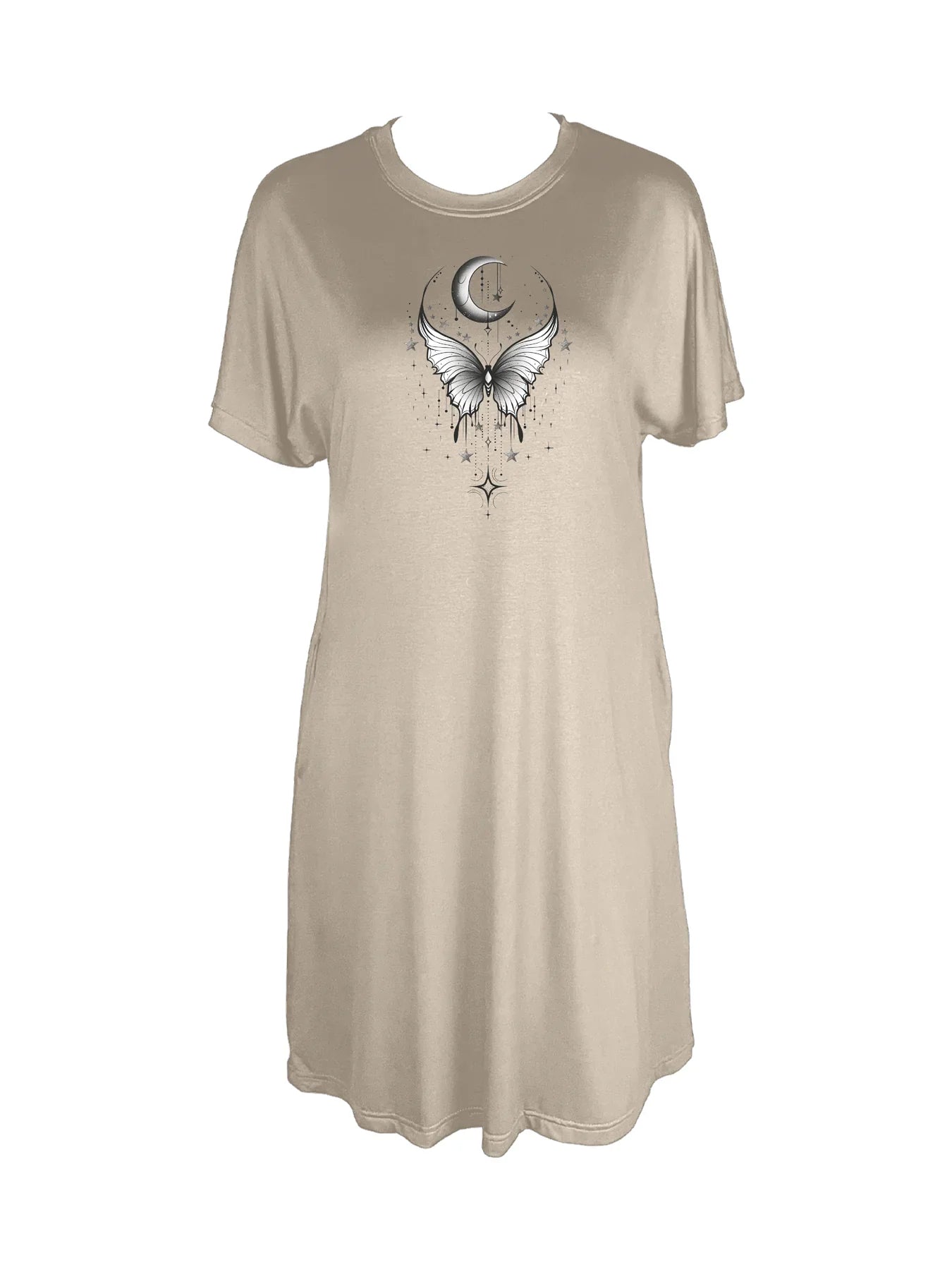 Lunar Moth Magic Crescent Moon and Butterfly Print Crew Neck Tee Dress Casual Short Sleeve Dress For Spring & Summer Women's C