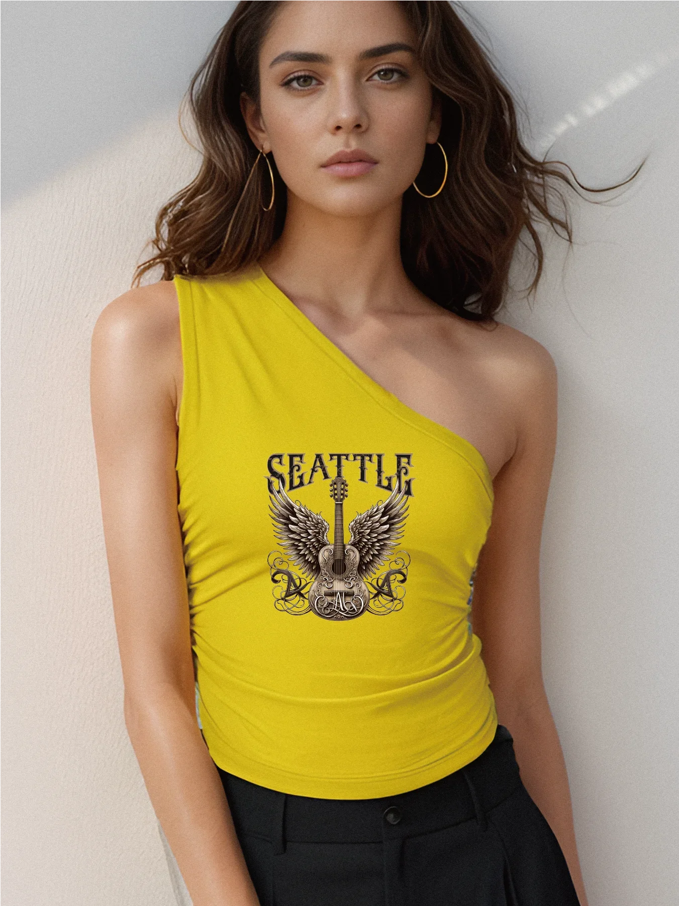 Stylish Winged Guitar With "Seattle" Print Crop One Shoulder Tank Top Sleeveless Casual Top For Summer & Spring Women's Clothi