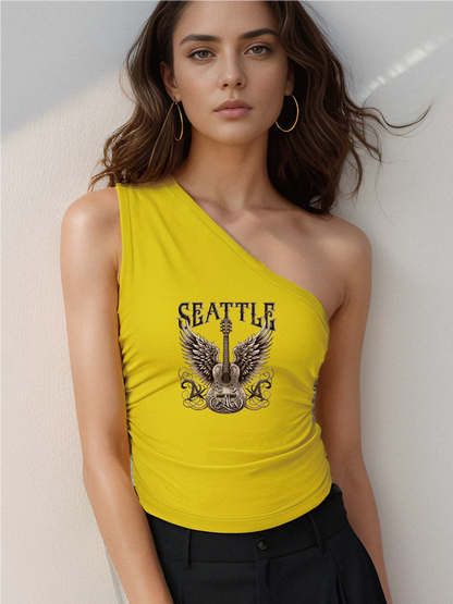 Stylish Winged Guitar With "Seattle" Print Crop One Shoulder Tank Top Sleeveless Casual Top For Summer & Spring Women's Clothi