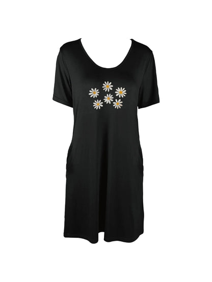 Delicate Daisy Print Dual Pockets Dress Casual Short Sleeve Tee Dress For Spring & Summer Women's Clothing