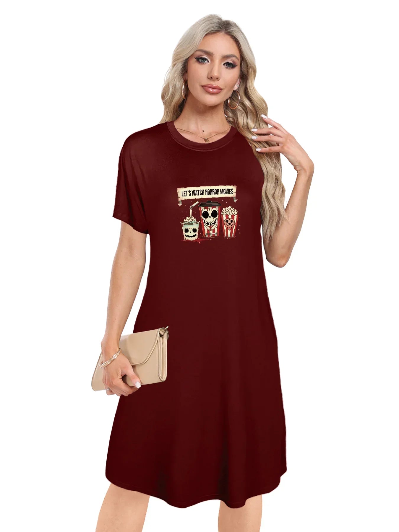 Fun And Eerie Popcorn And Skull  Print Crew Neck Tee Dress Casual Short Sleeve Dress For Spring & Summer Women's Clothing