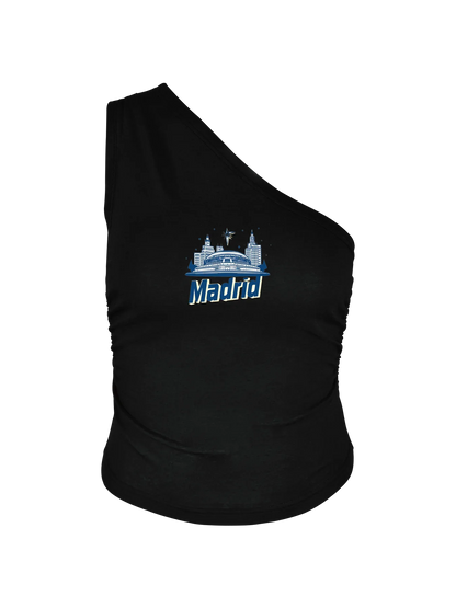 Madrid skyline with "Madrid" Print Crop One Shoulder Tank Top Sleeveless Casual Top For Summer & Spring Women's Clothing