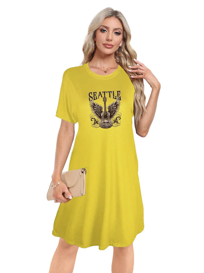 Stylish Winged Guitar With "Seattle" Print Crew Neck Tee Dress Casual Short Sleeve Dress For Spring & Summer Women's Clothing