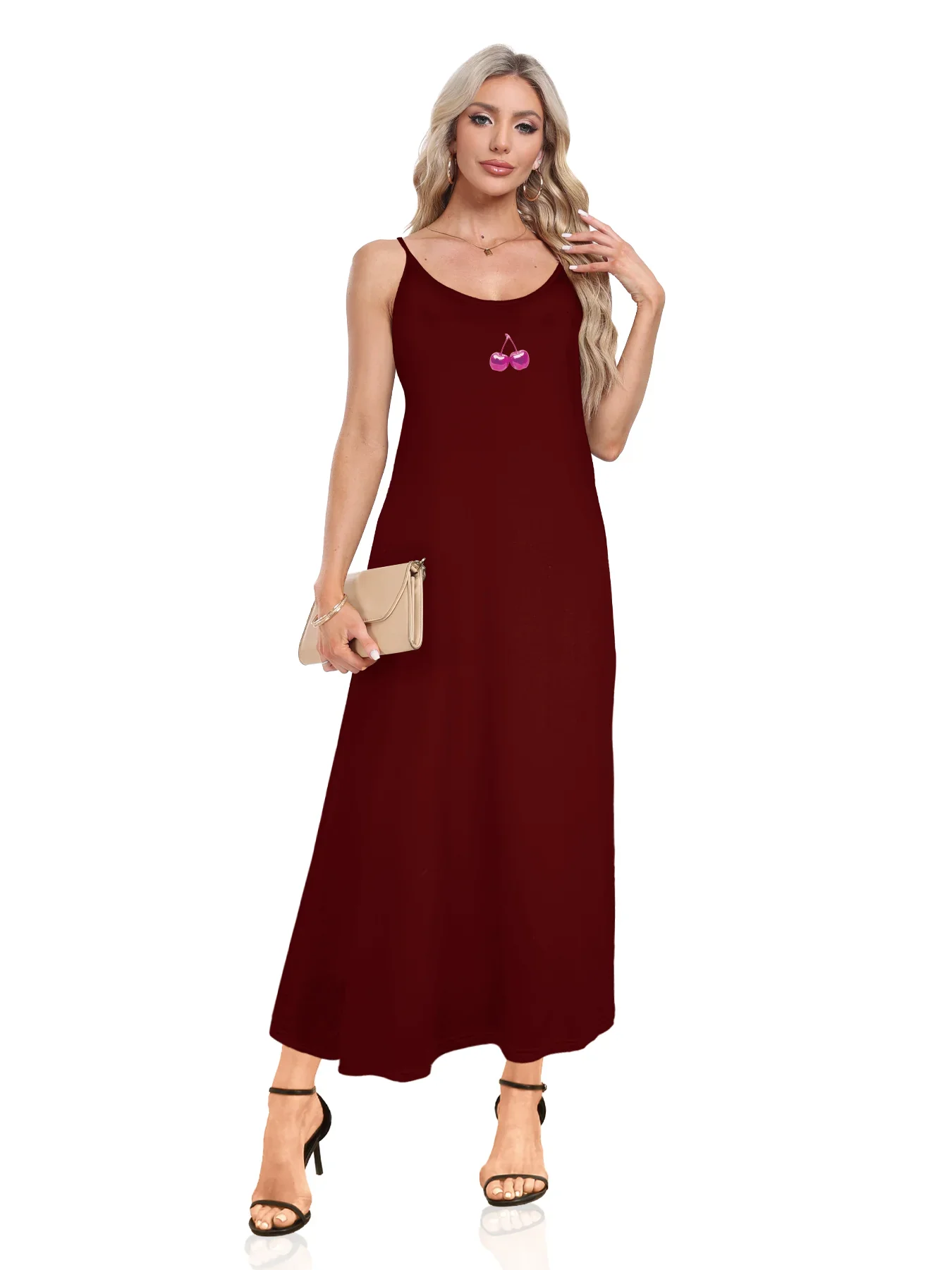 Vibrant Cherry Graphic Print Spaghetti Strap Dress Casual Sleeveless Cami Dress Women's Clothing