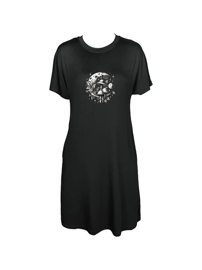 Captivating Mushrooms And Moon Print Crew Neck Tee Dress Casual Short Sleeve Dress For Spring & Summer  Women's Clothing