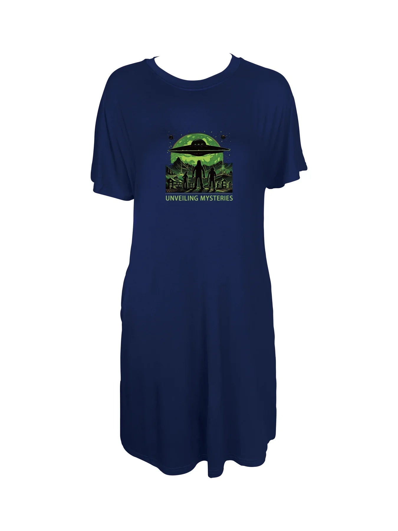 Intriguing Ufo And Mysterious Figures Print Crew Neck Tee Dress Casual Short Sleeve Dress For Spring & Summer Women's Clothing