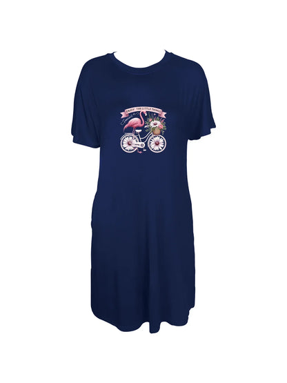 Charming Flamingo On Bicycle Flowers Print Crew Neck Tee Dress Casual Short Sleeve Dress For Spring & Summer Women's Clothing