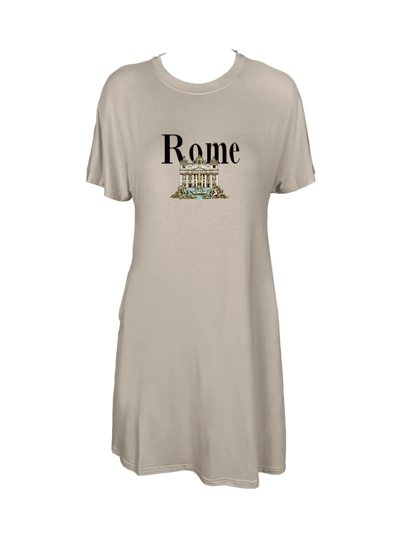 Detailed Trevi Fountain With Rome Print Crew Neck Tee Dress Casual Short Sleeve Dress For Spring & Summer Women's Clothing