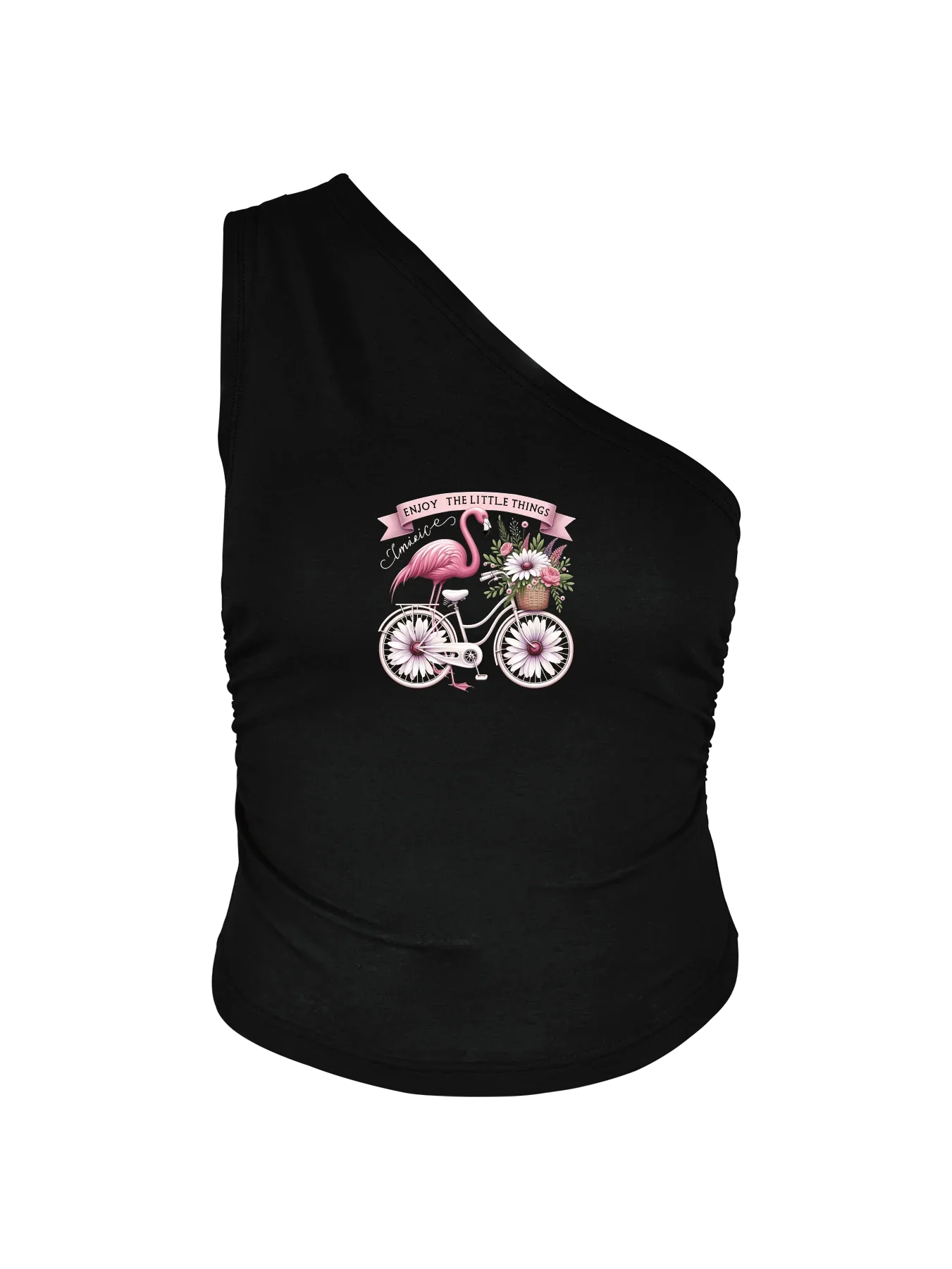 Flamingo On Bicycle With Flowers Print Crop One Shoulder Tank Top Sleeveless Casual Top For Summer & Spring Women's Clothing