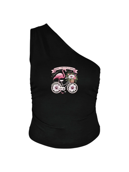 Flamingo On Bicycle With Flowers Print Crop One Shoulder Tank Top Sleeveless Casual Top For Summer & Spring Women's Clothing