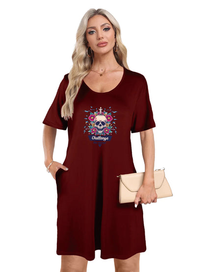 Vibrant "Challenge the Norm" Skull Print Dual Pockets Dress Casual Short Sleeve Tee Dress For Spring & Summer Women's Clothing