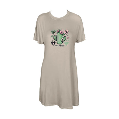 Adorable Cactus Hearts And Flowers Print Crew Neck Tee Dress Casual Short Sleeve Dress For Spring & Summer Women's Clothing