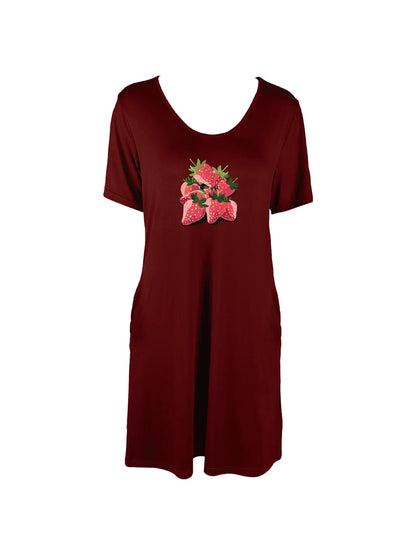 Cute Strawberry Print Dual Pockets Dress Casual Short Sleeve Tee Dress For Spring & Summer Women's Clothing