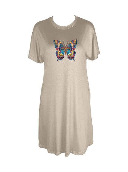 Vibrant Kaleidoscope Colorful Butterfly Print Crew Neck Tee Dress Casual Short Sleeve Dress For Spring & Summer Women's Clothi