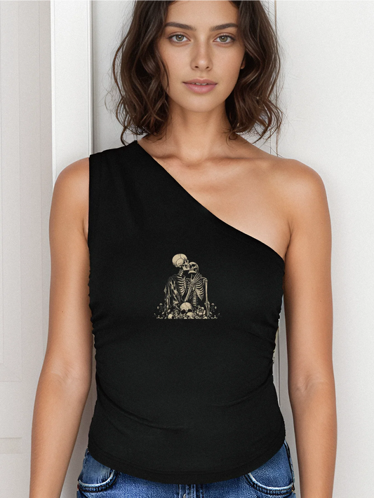 Evocative Skeletons In Love Graphic Print Crop One Shoulder Tank Top Sleeveless Casual Top For Summer & Spring Women's Clothing