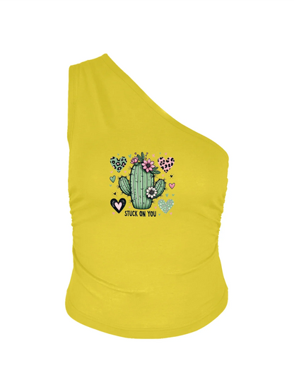 Cactus With Hearts And Flowers Print Crop One Shoulder Tank Top Sleeveless Casual Top For Summer & Spring Women's Clothing