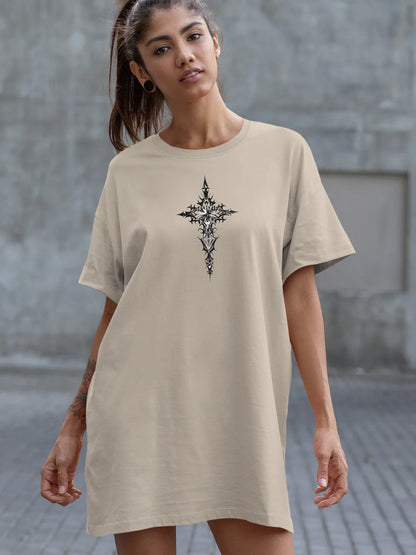 Elegant Gothic Cross Print Crew Neck Tee Dress Casual Short Sleeve Dress For Spring & Summer Women's Clothing