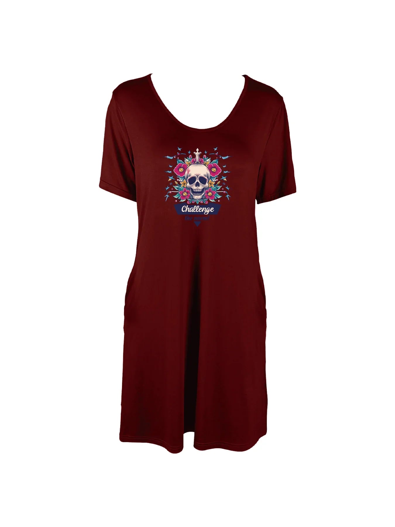 Vibrant "Challenge the Norm" Skull Print Dual Pockets Dress Casual Short Sleeve Tee Dress For Spring & Summer Women's Clothing