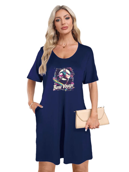 Bold "Bone Voyage" Graphic Print Dual Pockets Dress Casual Short Sleeve Tee Dress For Spring & Summer Women's Clothing