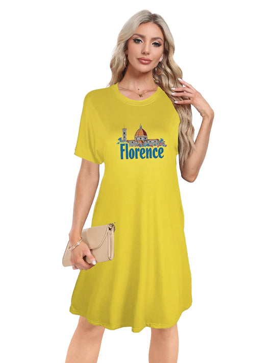 Florence Skyline With Bold Florence Print Crew Neck Tee Dress Casual Short Sleeve Dress For Spring & Summer Women's Clothing