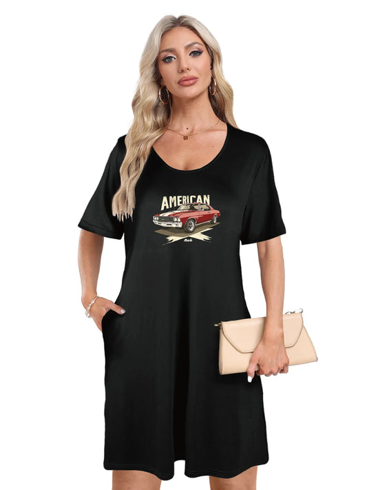 Retro American Style Car Print Dual Pockets Dress Casual Short Sleeve Tee Dress For Spring & Summer Women's Clothing