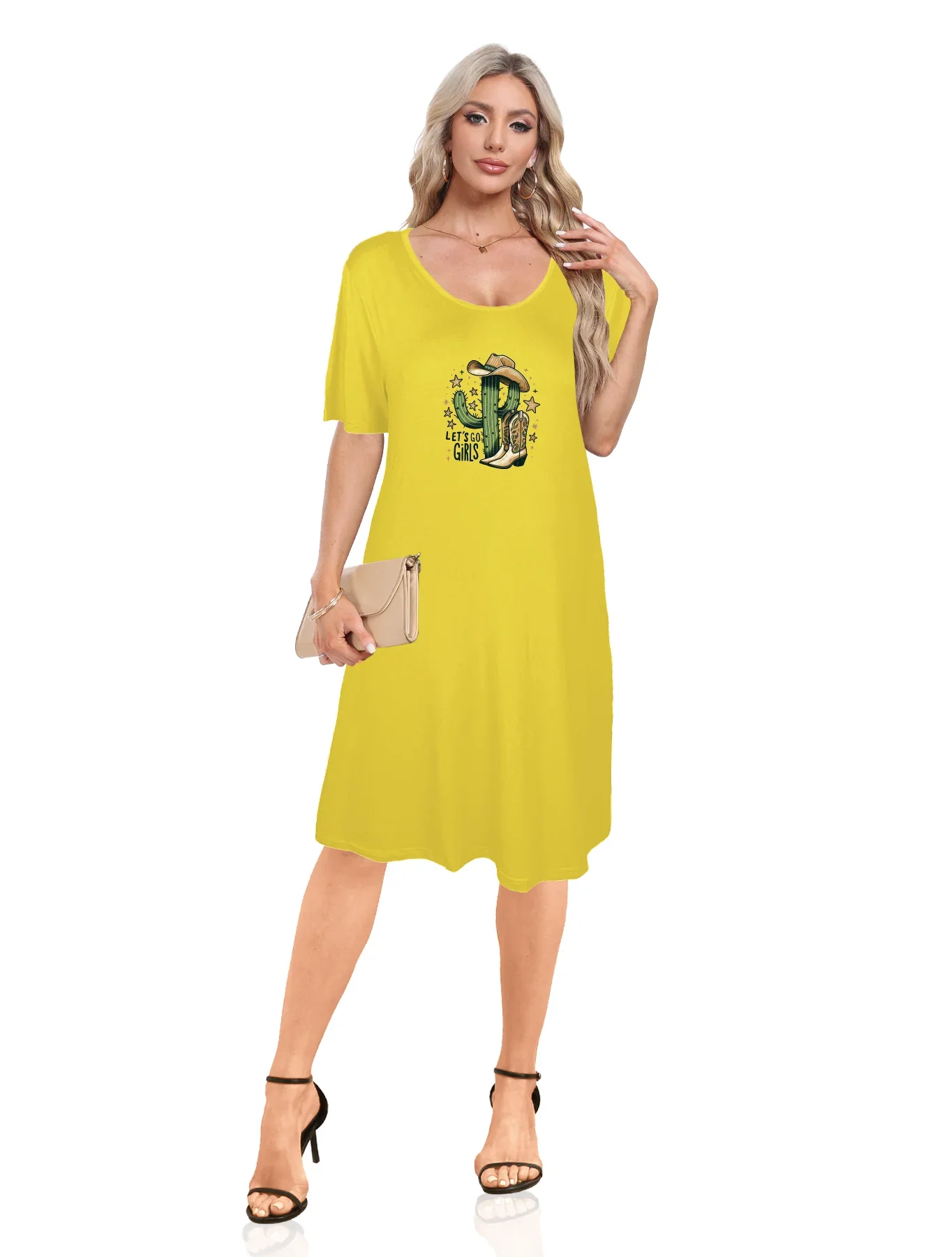 Playful Cactus Cowgirl Graphic Print Dual Pockets Dress Casual Short Sleeve Tee Dress For Spring & Summer Women's Clothing