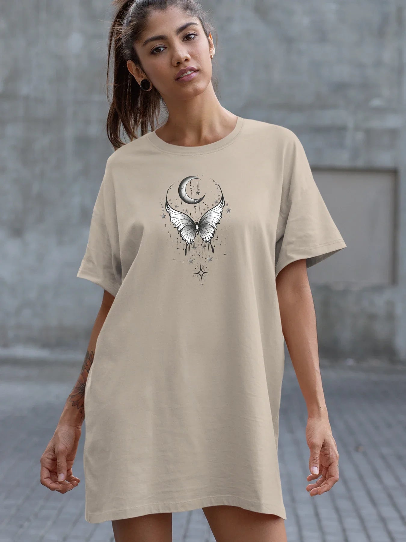 Lunar Moth Magic Crescent Moon and Butterfly Print Crew Neck Tee Dress Casual Short Sleeve Dress For Spring & Summer Women's C