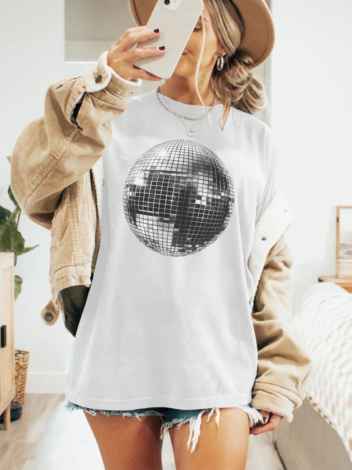 Disco Ball Inspired White Tee with Metallic Print