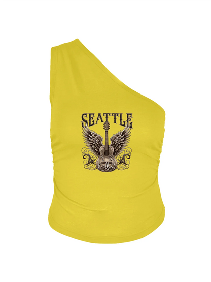 Stylish Winged Guitar With "Seattle" Print Crop One Shoulder Tank Top Sleeveless Casual Top For Summer & Spring Women's Clothi