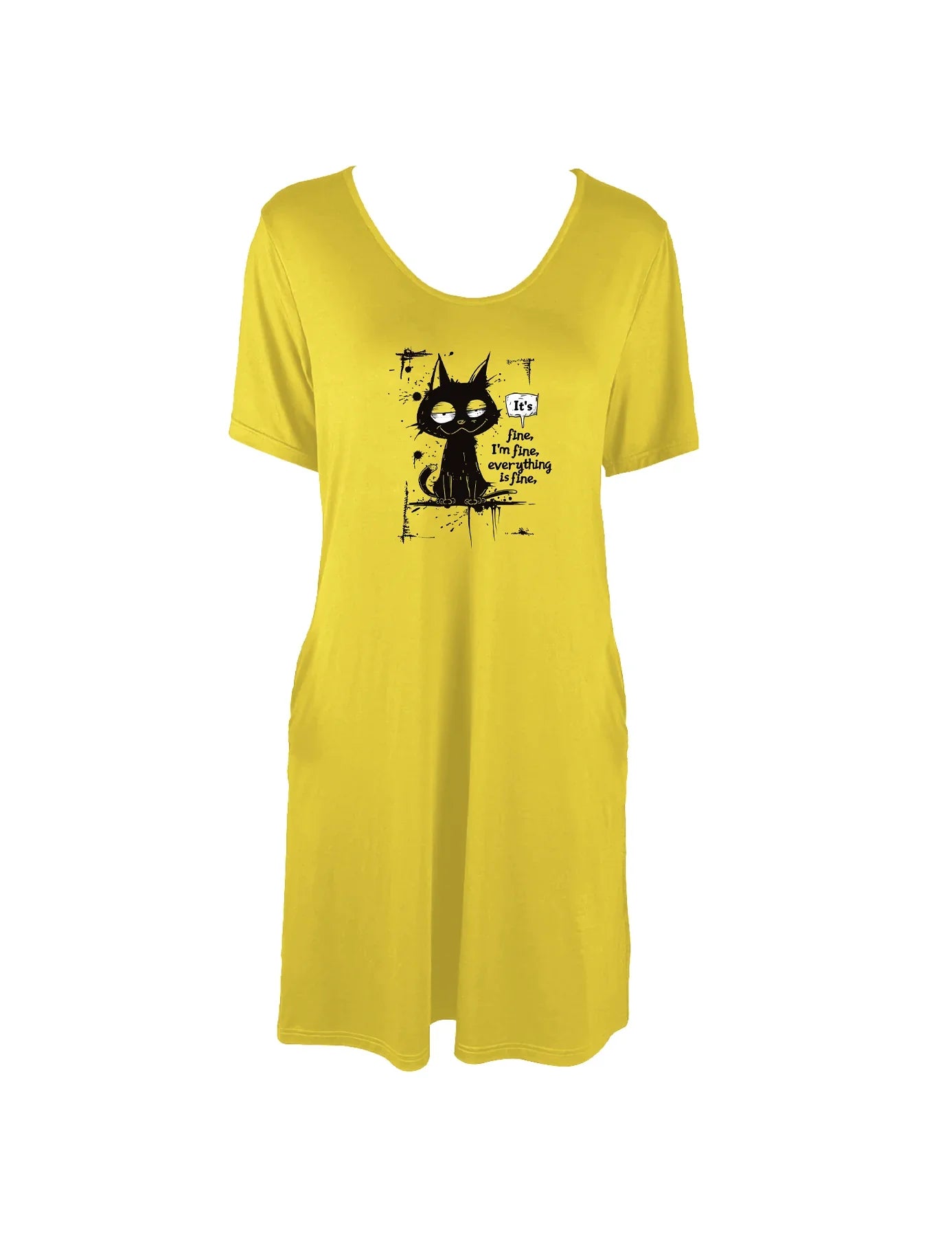 Fun 'Everything is Fine' Cat Print Dual Pockets Dress Casual Short Sleeve Tee Dress For Spring & Summer Women's Clothing