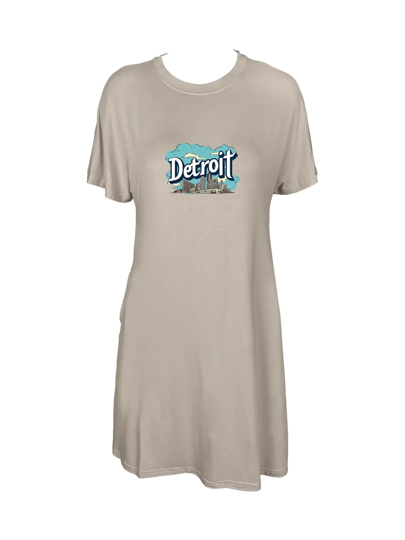 Detroit Skyline With Bold Detroit Print Crew Neck Tee Dress Casual Short Sleeve Dress For Spring & Summer Women's Clothing