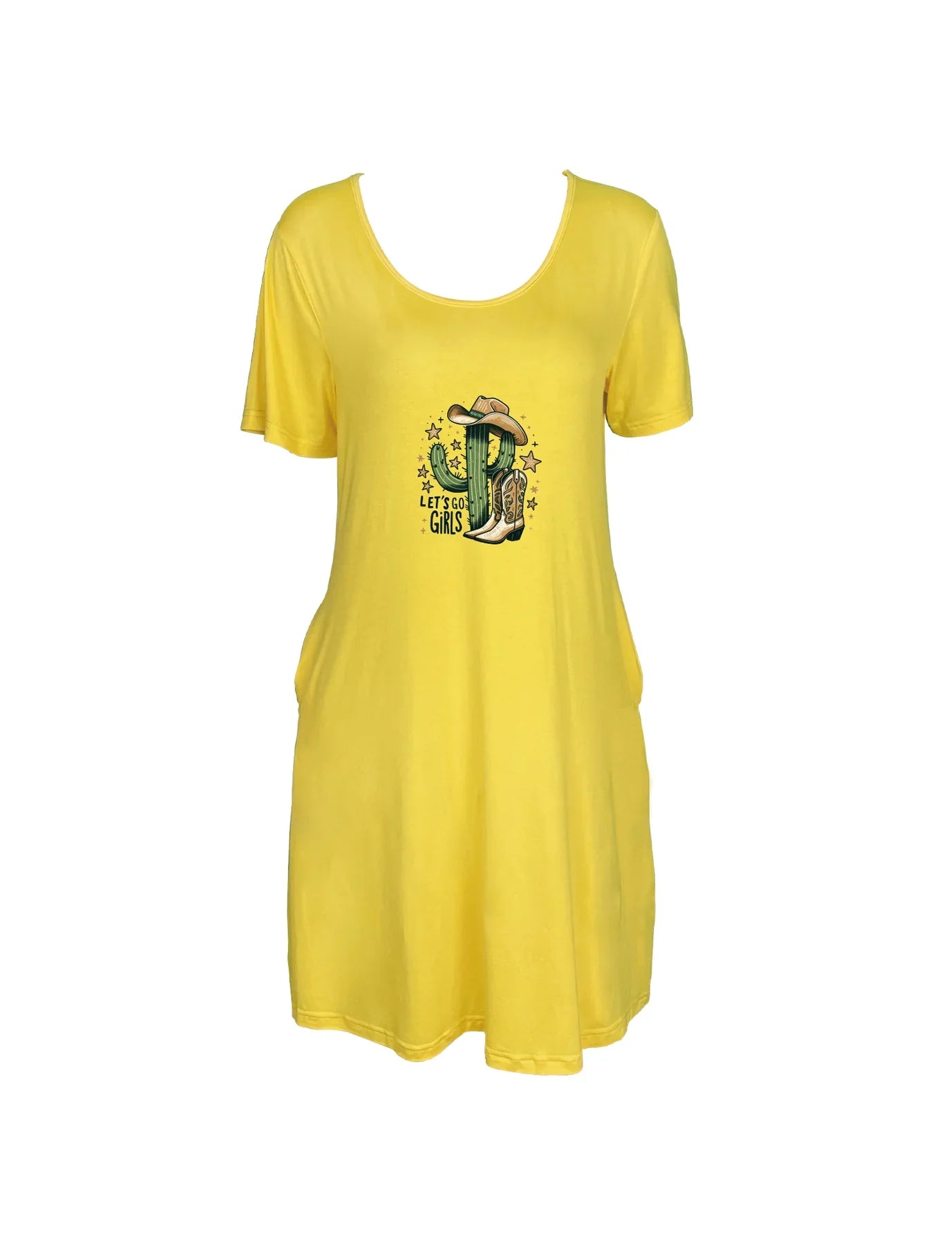 Playful Cactus Cowgirl Graphic Print Dual Pockets Dress Casual Short Sleeve Tee Dress For Spring & Summer Women's Clothing