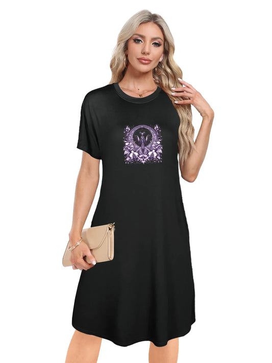 Detailed Praying Mantis And Floral Print Crew Neck Tee Dress Casual Short Sleeve Dress For Spring & Summer Women's Clothing