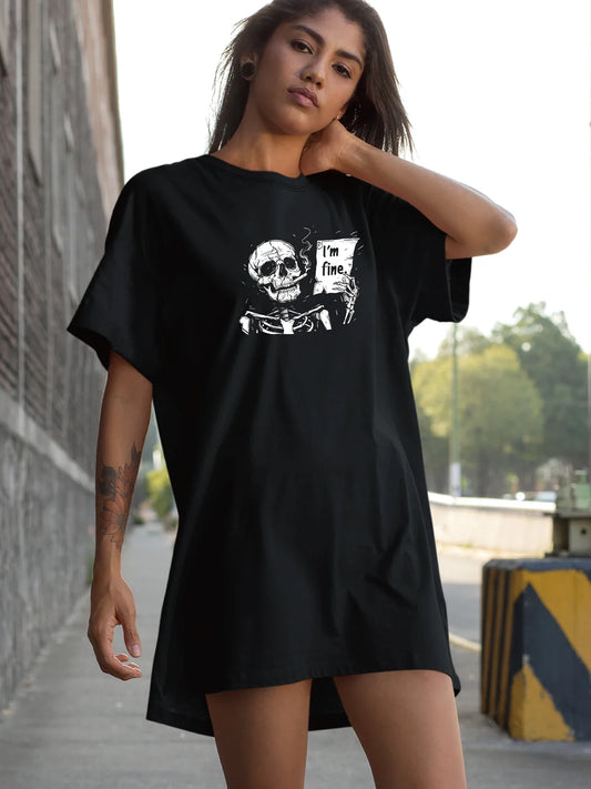 Skeletal Humor Slogan Print Crew Neck Tee Dress Casual Short Sleeve Dress For Spring & Summer Women's Clothing